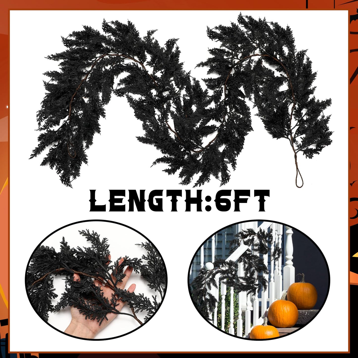 XunYee Black Halloween Garland 6 Feet Spooky Halloween Cedar Garland Mantel Fireplace Artificial Faux Trailing Realistic Gothic Hanging Vine Twigs for Thanksgiving Party Outdoor Indoor Home Decor