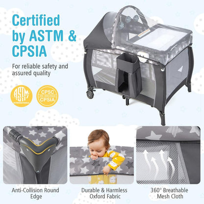 BABY JOY 4 in 1 Pack and Play, Portable Baby Playard with Bassinet, Adjustable Canopy, Changing Table, Lockable Wheels, Glowing Music Box, Travel Baby Crib Bassinet Bed from Newborn to Toddler