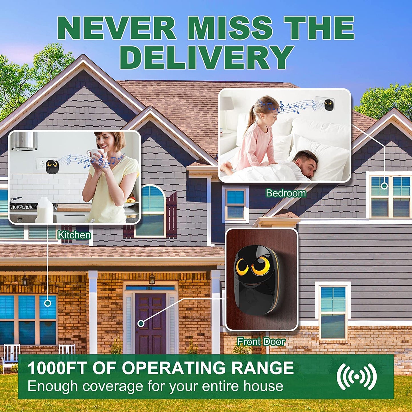 Wireless Doorbell, Cute Owl Doorbell Weatherproof IP55 Outdoor Remote Push Button- 1000 Feet Long Wireless Range, 1 Receiver + 1 Transmitter, Black
