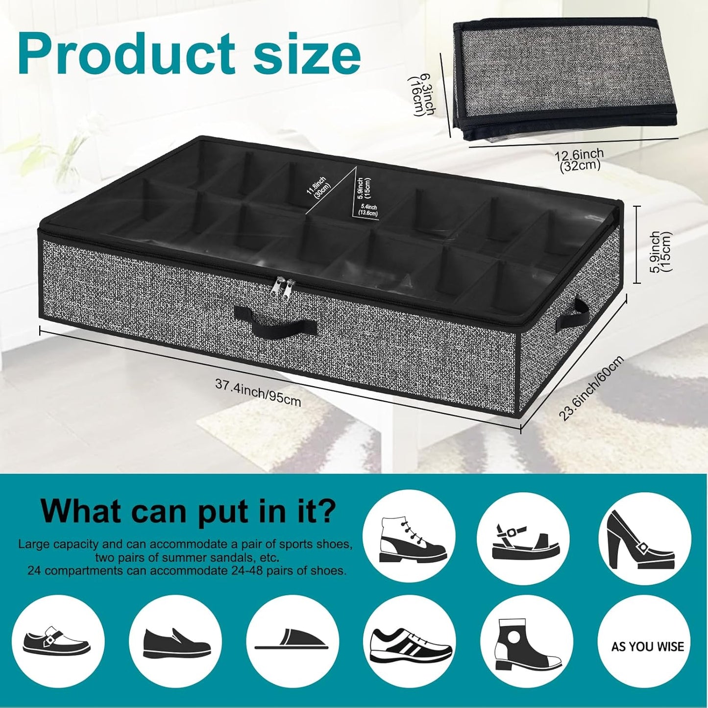 Under Bed Shoe Storage Organizer, 2 Pack for 28 Pairs, Clear Window, Foldable Shoe Rack Holder, Black