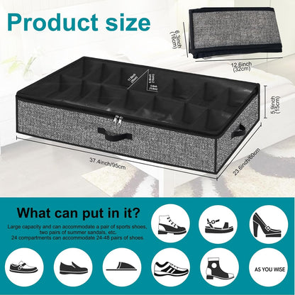 Under Bed Shoe Storage Organizer, 2 Pack Fits 32 Pairs, Clear Window, Foldable Shoe Rack Holder, Black