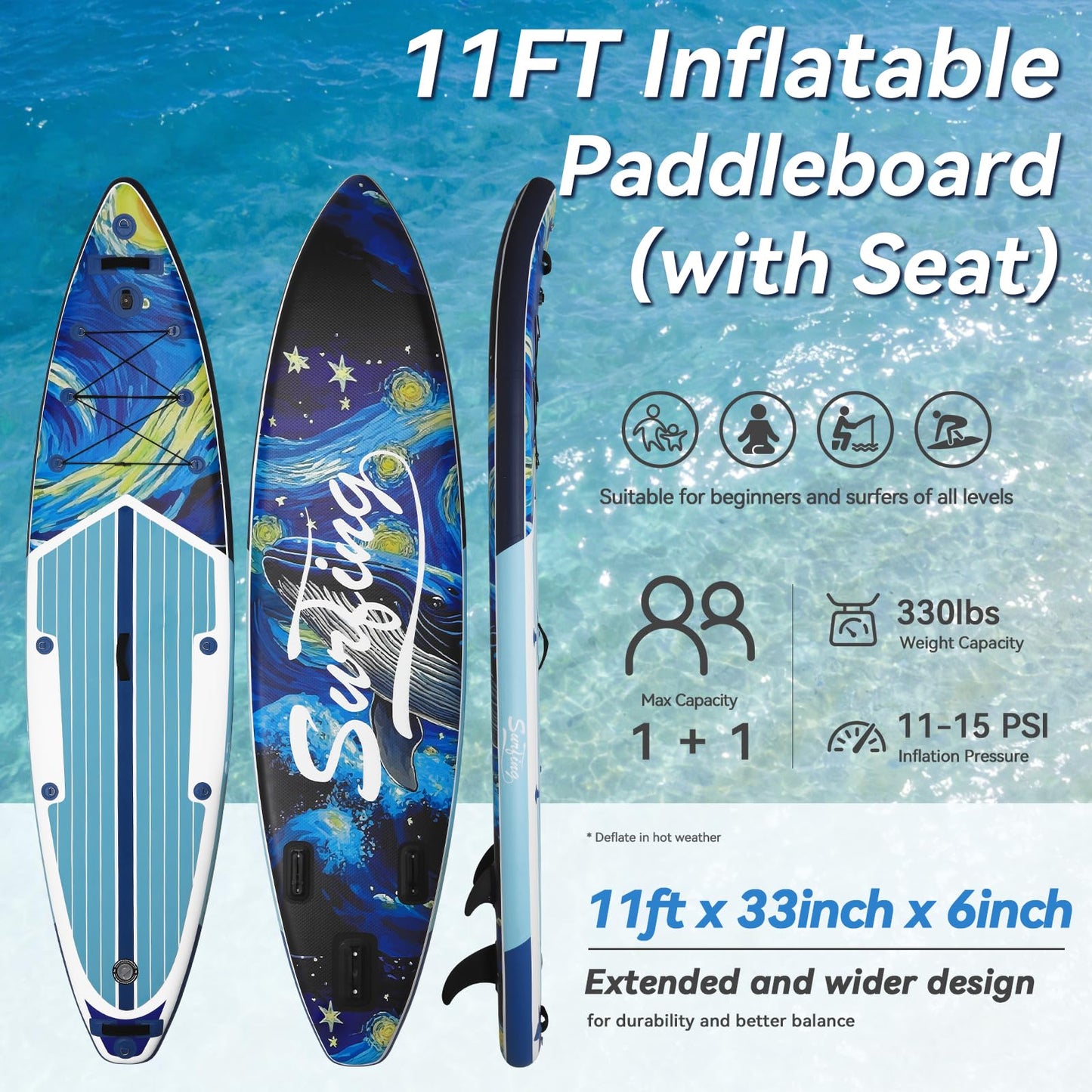 YUSING Inflatable Paddle Board with Seat, 11' x 33'' x 6" SUP, Paddle Boards for Adults, Non-Slip Deck SUP Paddle Board with Premium Kayak and SUP Accessories,3 Removable Fins (Starry Sky Blue)