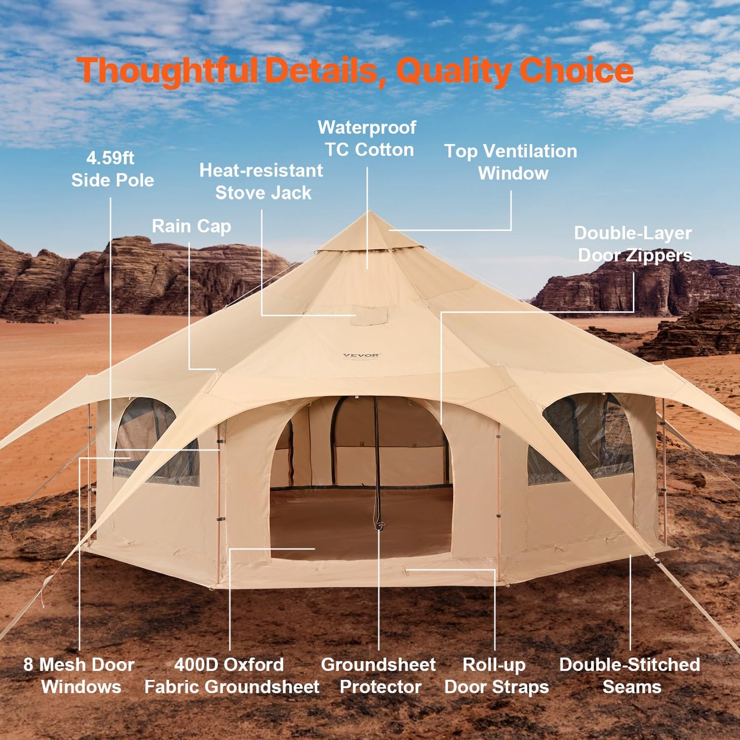VEVOR Canvas Tent, 4 Seasons 5 m/16.4 ft Bell Tent, for Camping with Stove Jack, Family Camping Outdoor Hunting Party