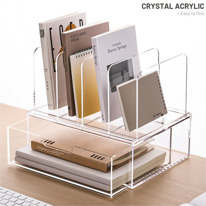 YUXUN Desk Organizer with Drawers, Acrylic File Organizer with 4 Vertical File Holders and 1 Sliding Drawer,Multifunction Desktop Accessories Storage for Home Office&School, Clear
