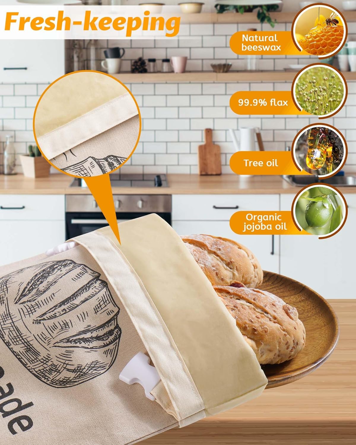1 Pack 17 12.6 Inches Beeswax Bread Bags for Sourdough,Reusable Organic Linen Beeswax Bread Bag for Homemade Sourdough