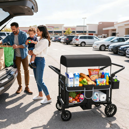 Xilingol 4-Seater Wagon Stroller for Kids, Foldable Outdoor Wagon with Canopy, Adjustable Handle, 5-Point Harness, Detachable Tray & Carry Bag (Black)