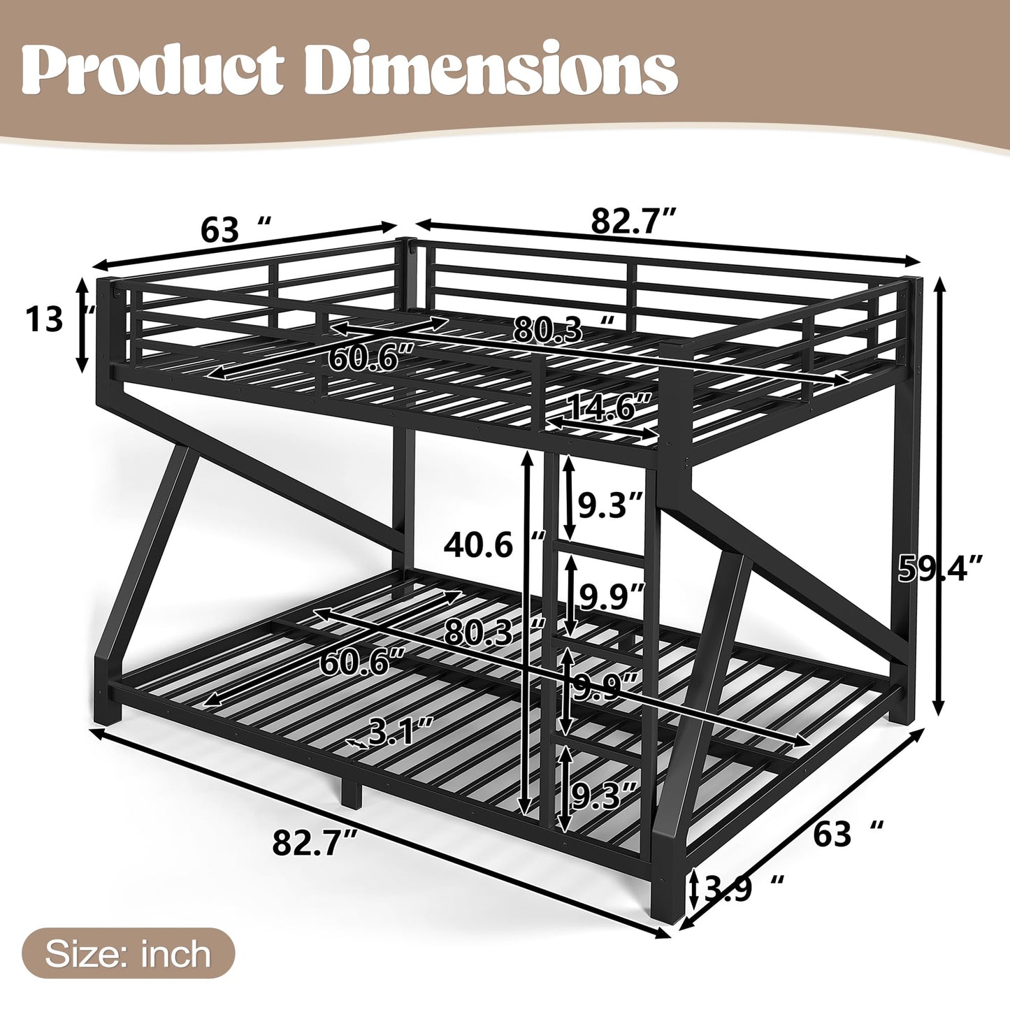 Bellemave Queen Over Queen Bunk Bed Frame with Noise Reduced Design, Low Profile Bunk Bed with Soft Ladder Rung Cover and Fence, Heavy Buty Bunk Beds for Adults, Teens