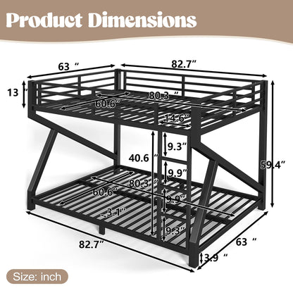Bellemave Queen Over Queen Metal Bunk Bed,Low Profile Floor Bunk Bed Frame with Angled Ladder, Heavy Duty & Noise-Free Design for Kids, Teens & Adults, Black