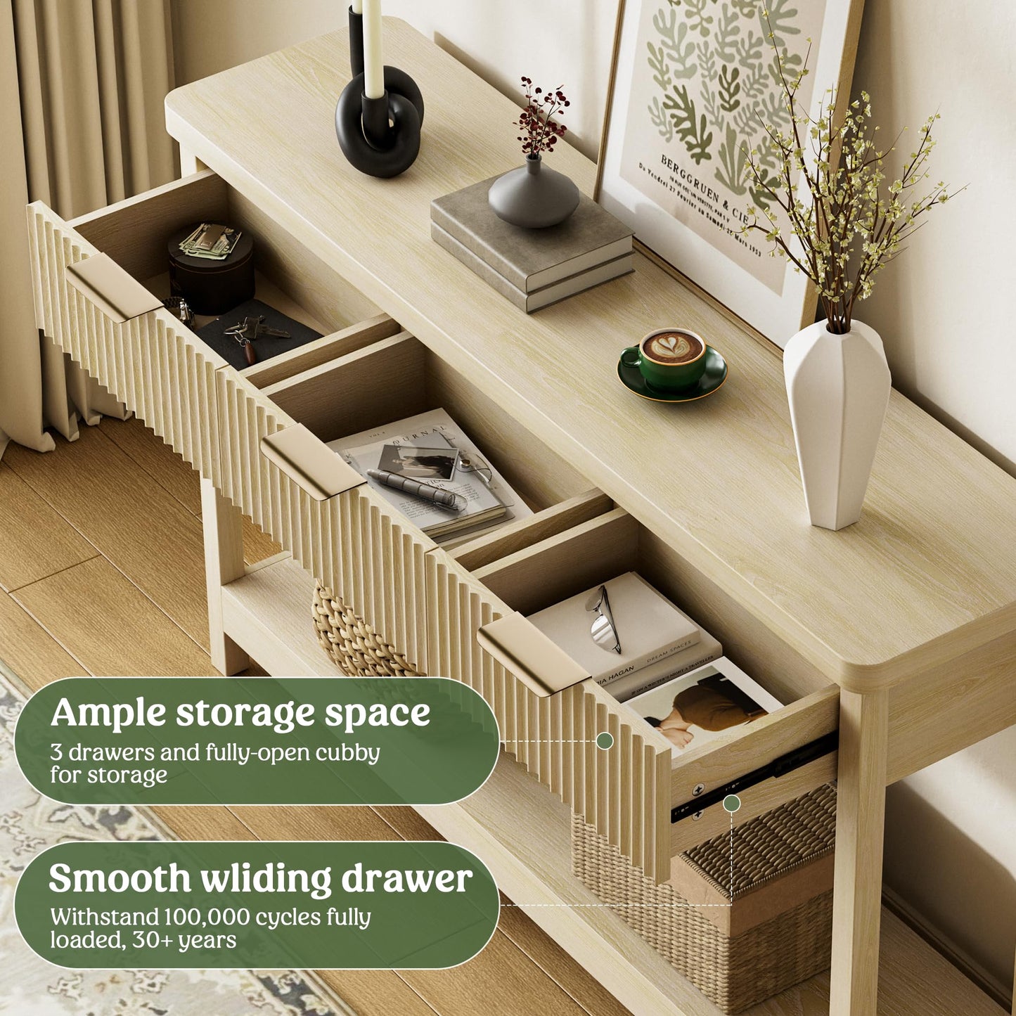 Lulive 51" Fluted Console Table for Entryway, Entryway Table with 3 Wooden Drawers, Farmhouse Behind Sofa Table for Living Room, Hallway, Couch, Foyer