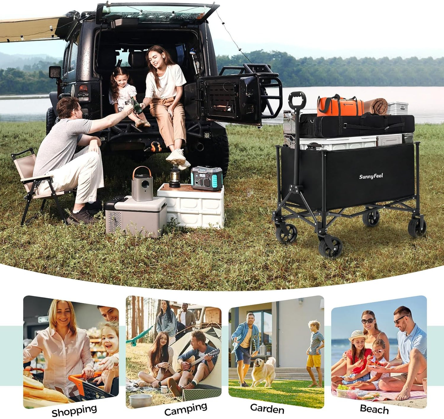 176lbs Camping(Black-5.8 164L) SUNNYFEEL Collapsible Wagon Cart with Wheels Foldable - Standard Borderless Version