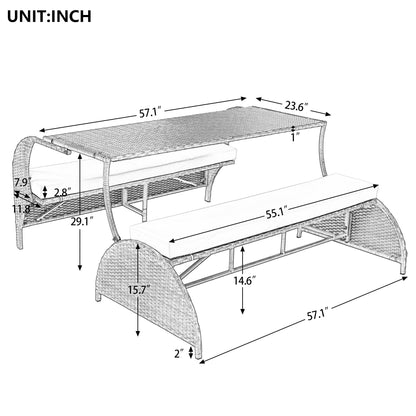 Llsmnba 2-in-1 Outdoor Convertible Bench to Picnic Table, Loveseat Sofa Set with Cushions, Patio Dining Furniture Set, Blue Cushion