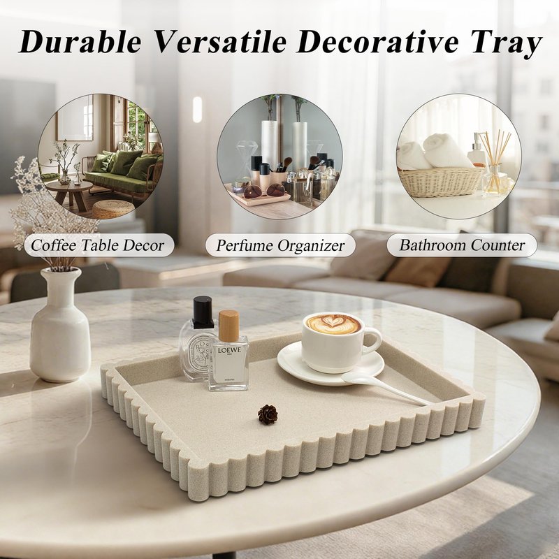YMXYJM-Scalloped Coffee Table Tray，Ottoman Tray for Modern Home Decor. 14" Decorative Tray for Entryway Table Decor, Living Room Table Decor, Coffee Table Centerpiece - Beige Resin