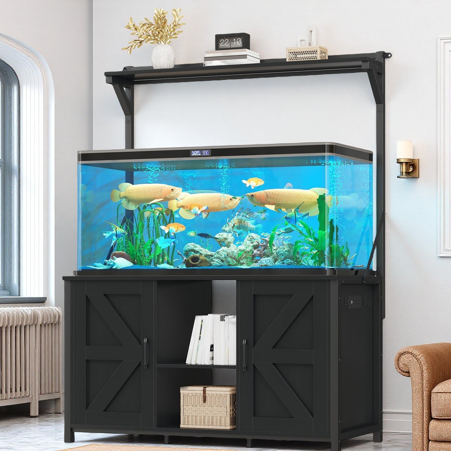 DWVO 40-120 Gallon Fish Tank Stand with Power Outlets, Heavy Duty Aquarium Stand with Storage, Metal Reptile Terrariums Table for Turtle Accessories Storage,1100LBS Capacity, Black