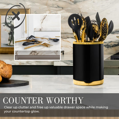 STYLED SETTINGS Black and Gold Cooking Utensils Set - 13-Piece Kitchen Set with Black Ceramic Utensil Holder and Stackable Gold Spoon Rest - Luxury Kitchen Accessories for Stylish Cooking and Serving
