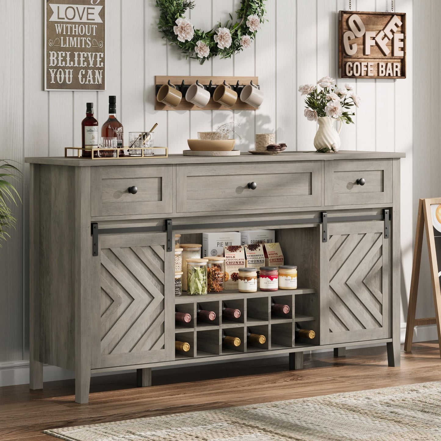 IDEALHOUSE 59'' Farmhouse Buffet Cabinet with Sliding Barn Door, 33.4'' Tall Wood Rustic Sideboard with 3 Drawer, Adjustable Shelf and Removable Wine Rack for Dining Room, Kitchen, Vintage
