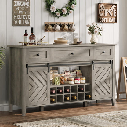 IDEALHOUSE 59'' Farmhouse Buffet Cabinet with Sliding Barn Door, 33.4'' Tall Wood Rustic Sideboard with 3 Drawer, Adjustable Shelf and Removable Wine Rack for Dining Room, Kitchen, Vintage