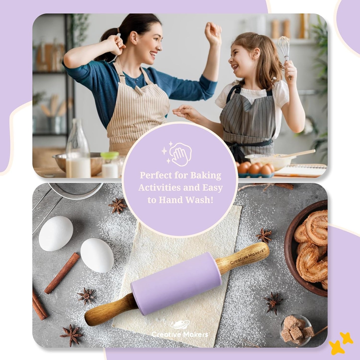 Small Rolling Pin for Kids, Non-Stick Silicone Surface with Wooden Handles for Play Dough and Baking Rolling Pin (Light