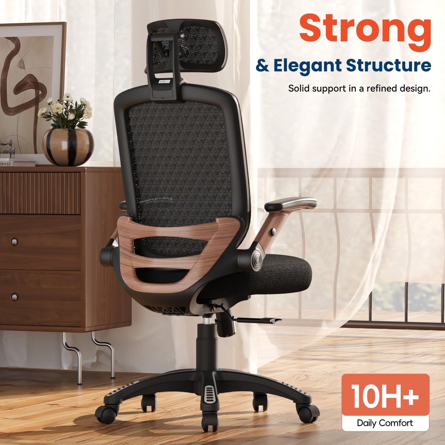 GABRYLLY Ergonomic Office Chair, High Back Home Desk Chair with Flip-Up Arms, 3D Headrest, Thick Sponge Seat &90-120° Recline, Big and Tall Mesh Executive Chairs for Man Woman, Black Woodgrain