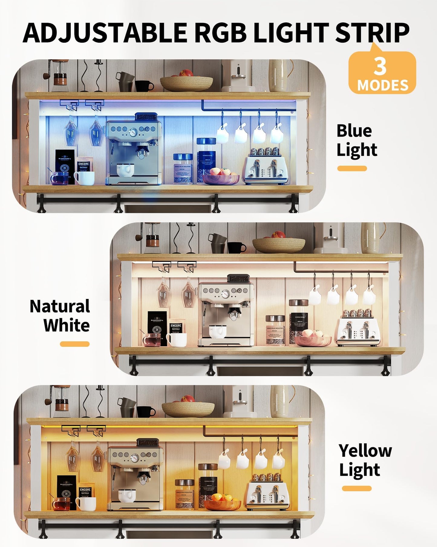 55 in Farmhouse Coffee Bar Cabinet with 3-Mode LED Light and Power Outlet - Large Kitchen Hutch with Sliding Barn Door - Wine Cabinets with Storage Drawers and Wine Glass Rack for Home and Living Rome