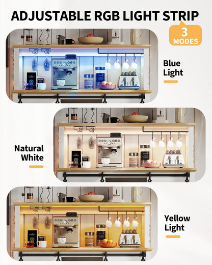 55 in Farmhouse Coffee Bar Cabinet with 3-Mode LED Light and Power Outlet - Large Kitchen Hutch with Sliding Barn Door - Wine Cabinets with Storage Drawers and Wine Glass Rack for Home and Living Rome