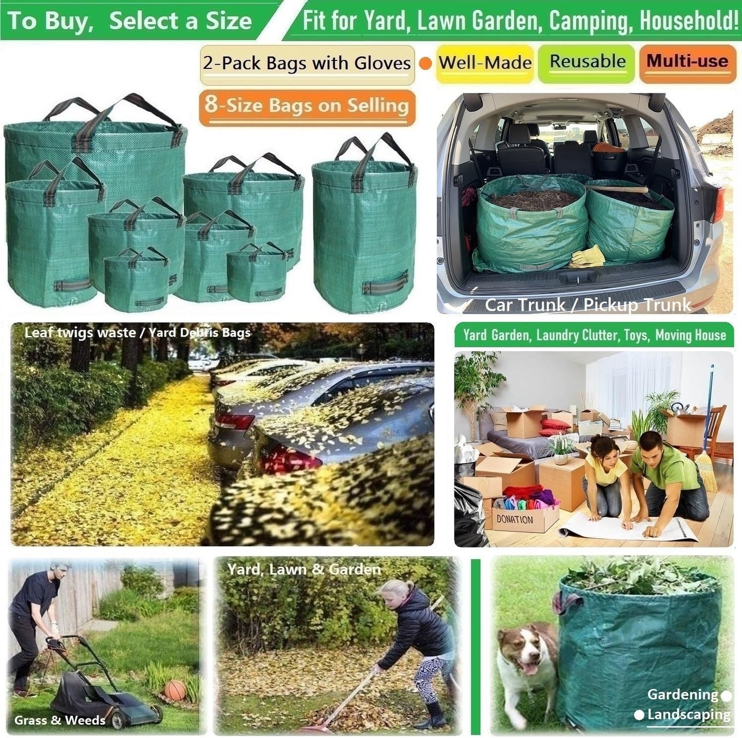 2-Pack 46 (D26,H19 4 Standard Gallon Lawn Garden Bags in) Yard Waste Bags W/Gardening Gloves for Leaf Bag,Yard