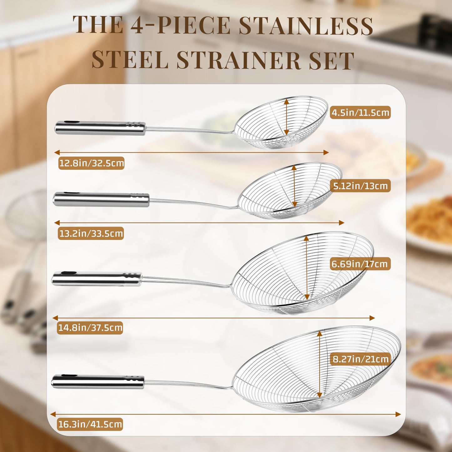 BAOKARU Spider Strainer Fine Mesh & Skimmer Spoon 4-Piece Set, Stainless Steel Pasta Ladle with Long Handle for Frying, Cooking and Carnitas (4.7”+5.5”+7.1”+8.7”)