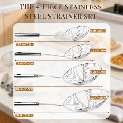 BAOKARU Spider Strainer Fine Mesh & Skimmer Spoon 4-Piece Set, Stainless Steel Pasta Ladle with Long Handle for Frying, Cooking and Carnitas (4.7”+5.5”+7.1”+8.7”)