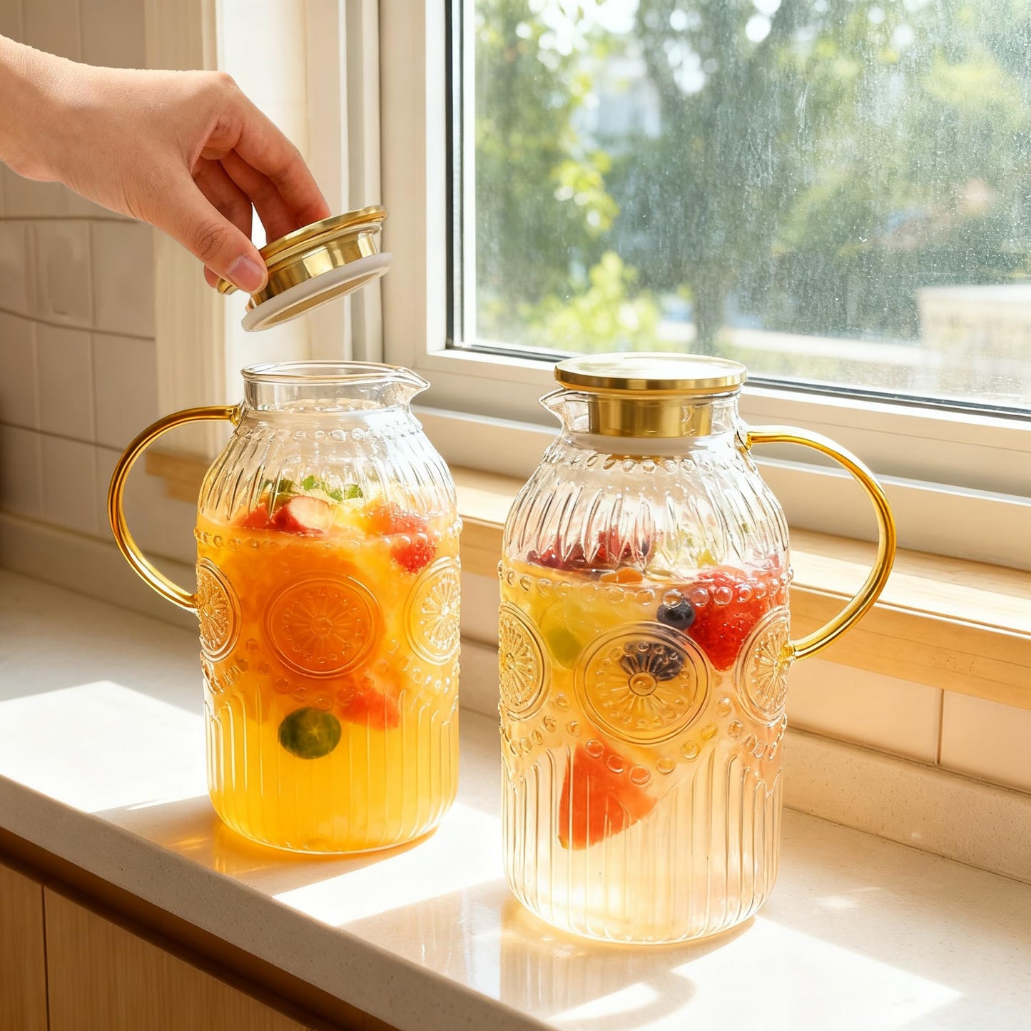 Amzcku Glass Pitcher with Lid, 101 oz/ 3 Liter Vintage Water Pitcher,Water Carafe for Cold Brew, Coffee, Lemonade, Iced Tea,Beverage, Heat Resistant Water Glass Jug 1Pack