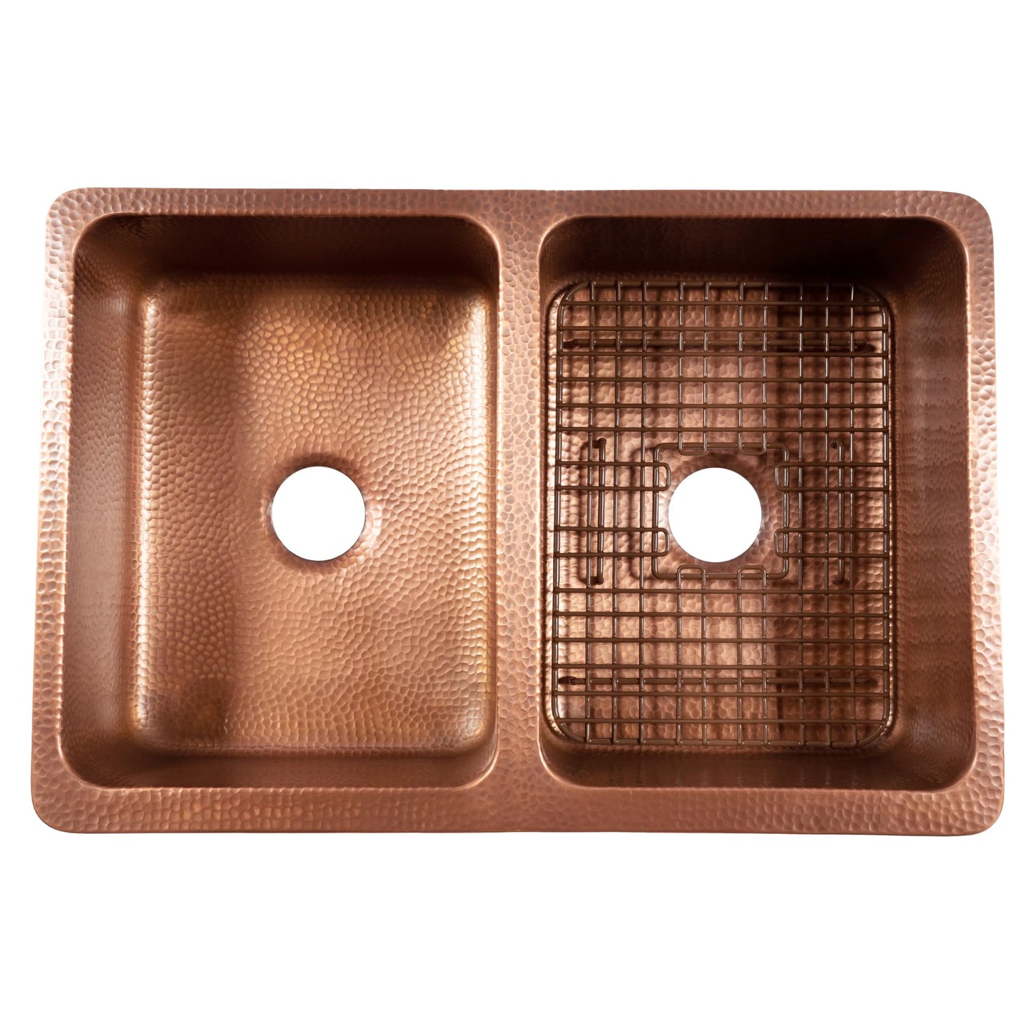 Sinkology Lange 32 Inch Farmhouse Sink - Handcrafted Solid Copper Apron Front Double Bowl Farm Sink for Kitchen, Antique Copper Finish, Fits 36 Inch Cabinet, Complete Kit, Sinkology Everyday Warranty