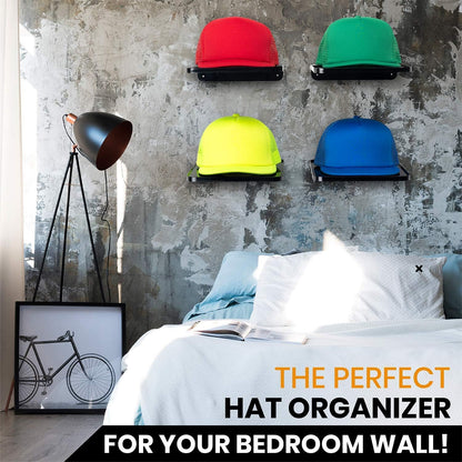 Boxy Concepts Hat Rack for Wall - Pack of 4 Premium Baseball Cap Organizer - Plastic Mountable Display Shelf with 3M