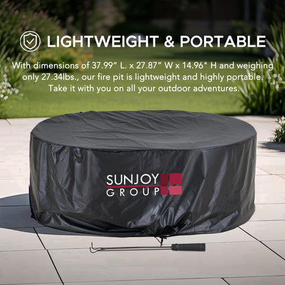 SUNJOY Smokeless Fire Pit with Table Top, 38-Inch Oval Firepit for Outdoor, Stainless Steel Wood Burning Fireplace w/Removable Ash Pan, PVC Cover and Fire Poker, Ideal for Camping, Backyard, Black