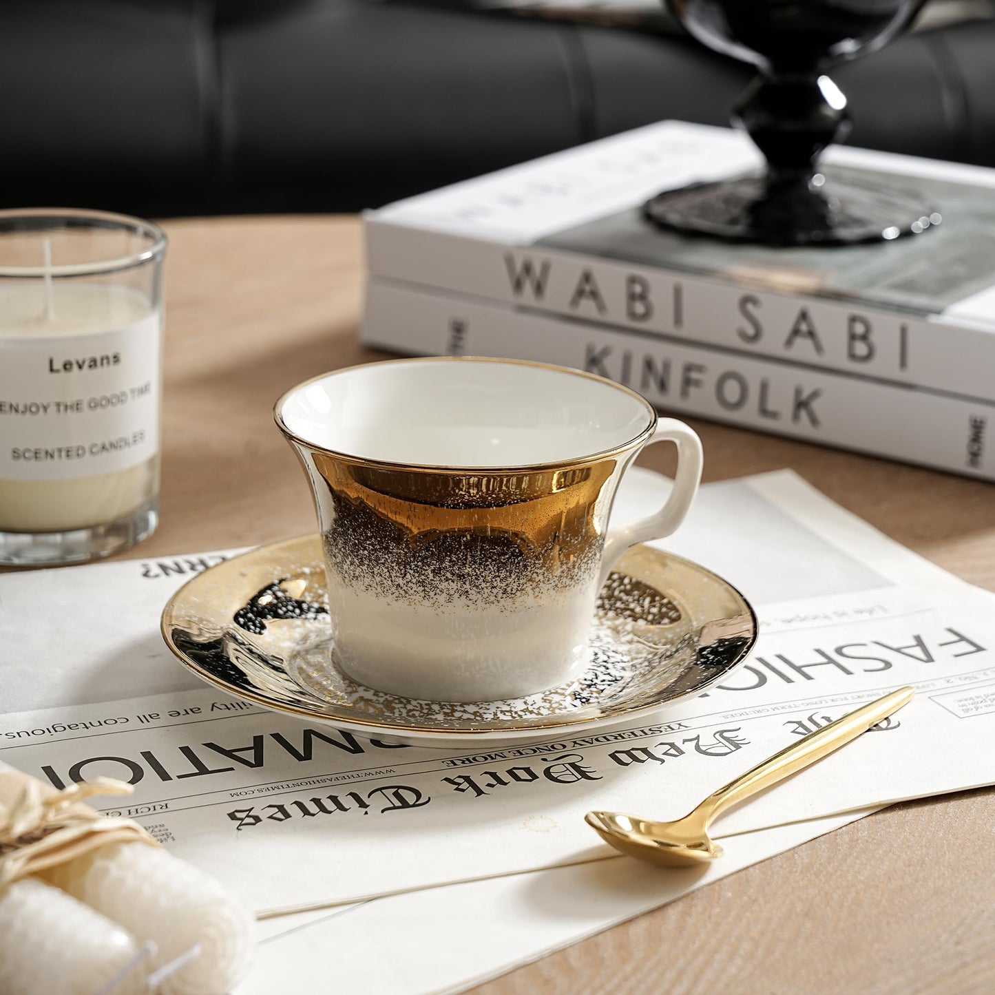 Andaliz Tea Cups and Saucers Set of 2 with Gold Spoon, Ceramic Coffee Cups with Matching Plates, Handcrafted Gold & Silver Glaze, Luxury Cup & Saucer Gift Set with Box, 5oz