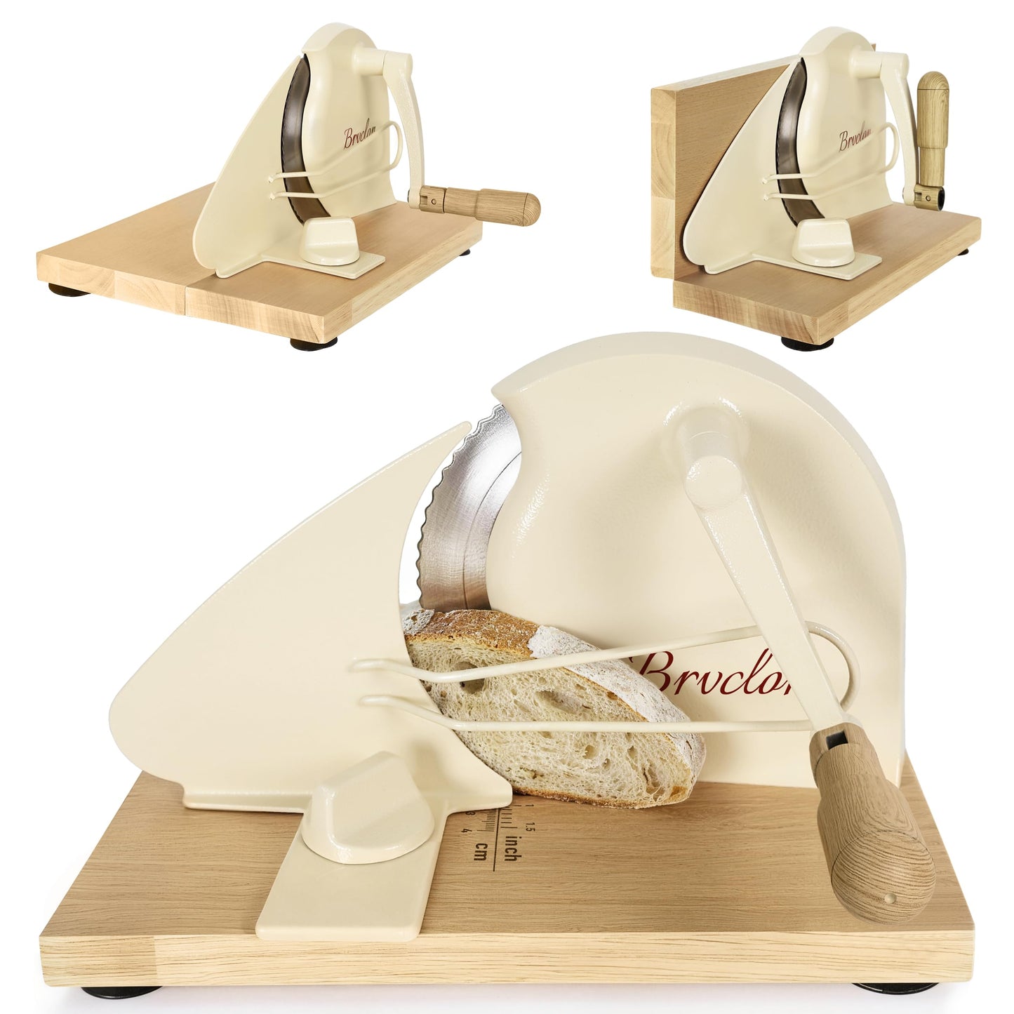 Brvclon Foldable Manual Bread Slicer with Wooden Board & Foldable Handle,0-0.9" Adjustable Thickness,Serrated Blade & Suction Cup,Bread Slicer for Homemade Sourdough Bread,Soft Bread,Bagels,and More