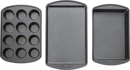Wilton Perfect Results Non-Stick Baking Sheet, Muffin, and Oblong Pan Bakeware Set, 3-Piece