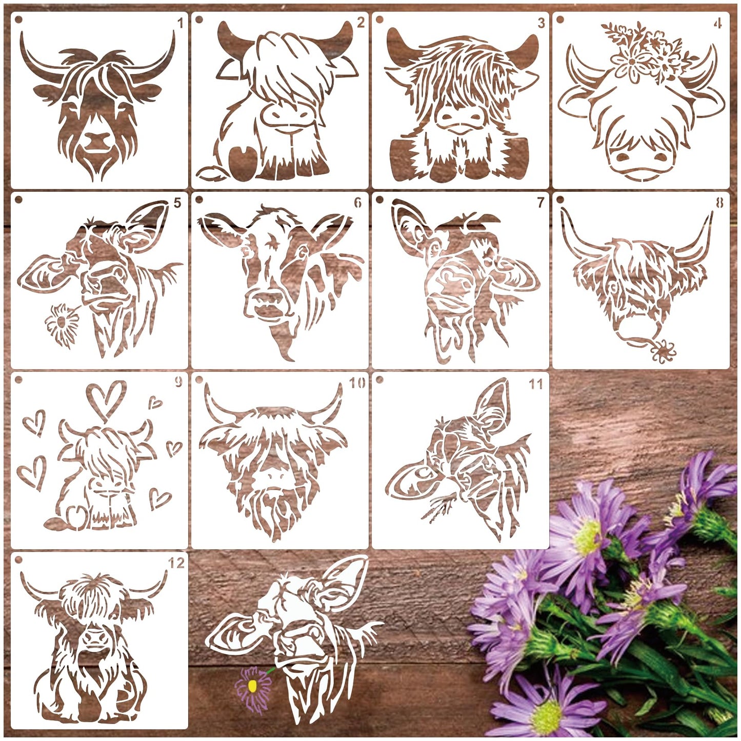 Cow Farmhouse Stencils for Painting Farm Highland Cow Paint Stencils for Painting on Wood Burning Art Craft Canvas Furniture Wall (12 Cow)