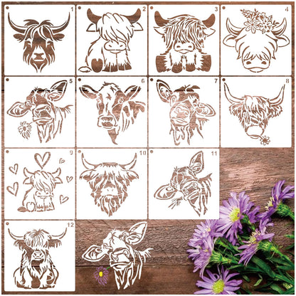 Cow Farmhouse Stencils for Painting Farm Highland Cow Paint Stencils for Painting on Wood Burning Art Craft Canvas Furniture Wall (12 Cow)