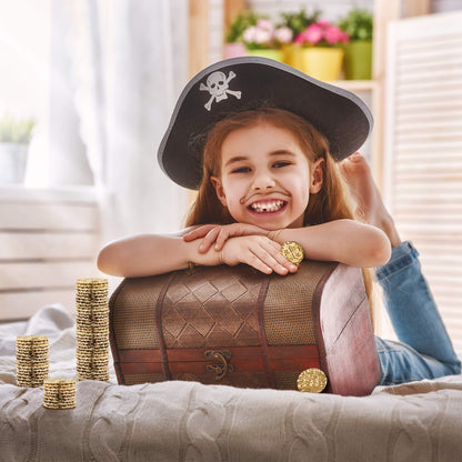Leib Games Metal Pirate Coins - 35 Gold Treasure Coin Set, Metal Replica Spanish Doubloons for Pirate Party Decorations & Favors, Tokens, Toys, Cosplay - Pirate Treasure Chest, Size 7/8"