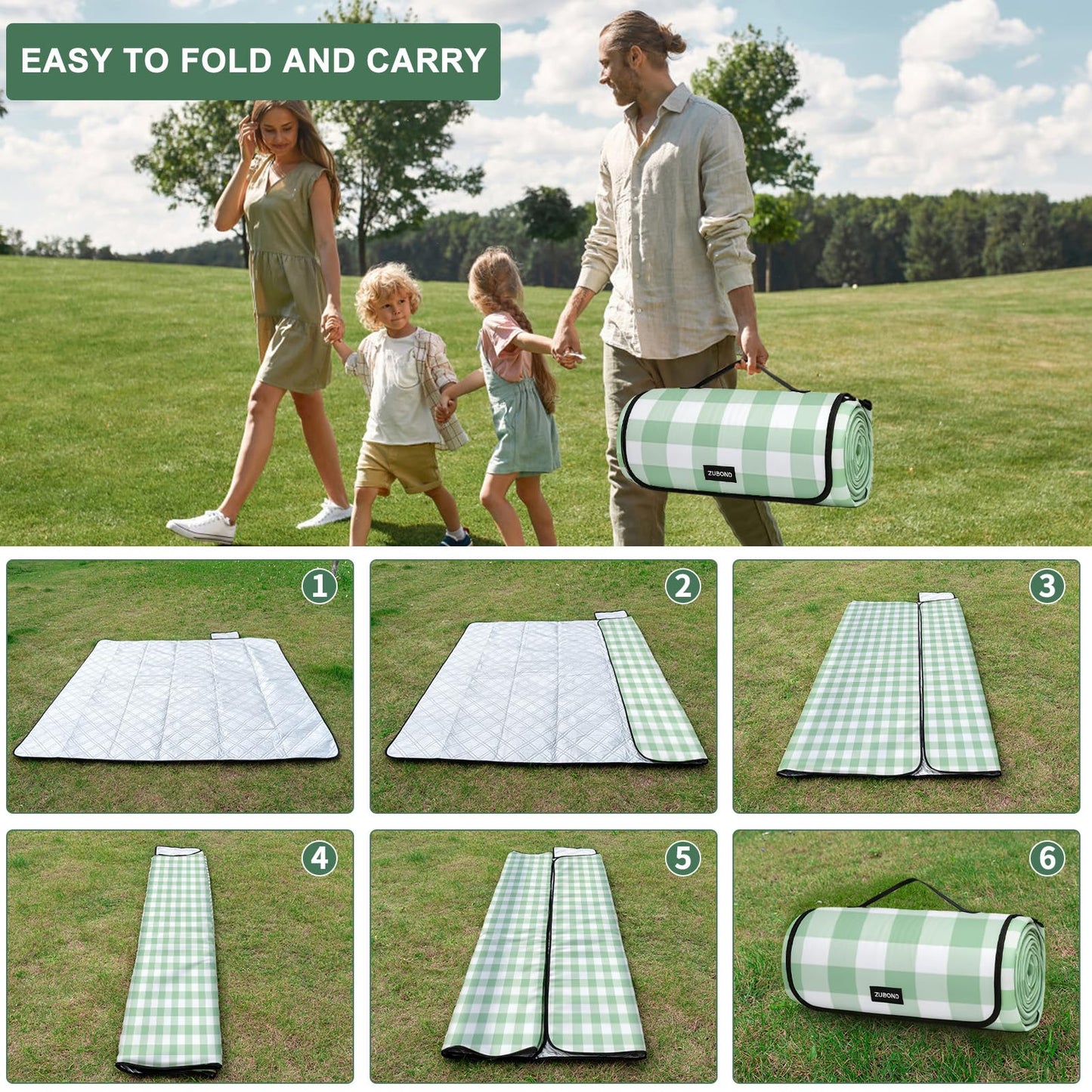 ZUBOND Large Picnic Blanket Outdoor Picnic Mat Waterproof Foldable 80''x80'', Beach Blanket Sandproof for LawnPark, Grass, Travel, Hiking, Camping Essentials, Vintage Gingham Picnic Blanket