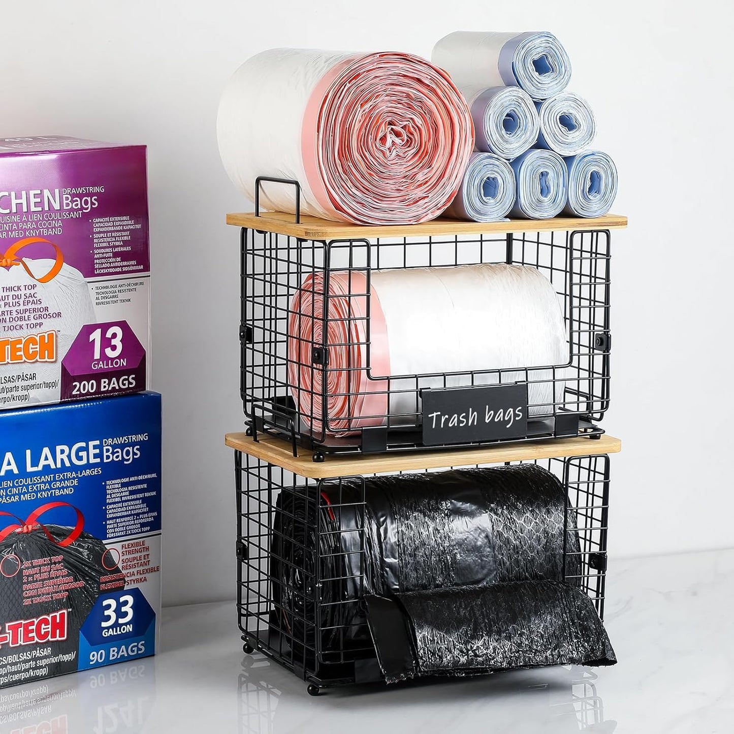 13/30/33+ 1 SET Upgrade Larger, Fit Gallon Trashbag Perfectly - Stackable Trash Bag Holder with Tags & Bamboo Top