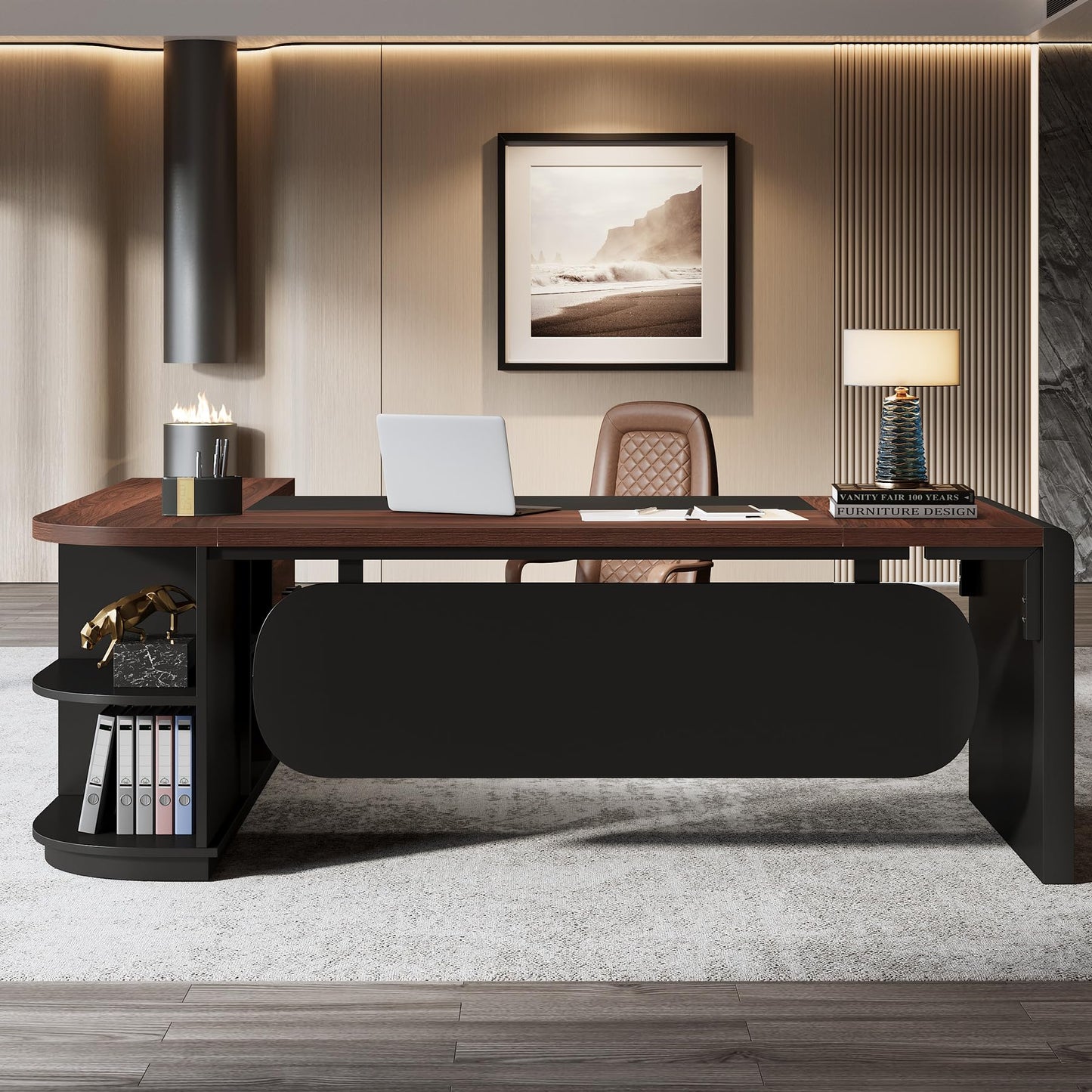 Tribesigns 80'' L-Shaped Desk Set of 4, Large Executive Office Desk with 55'' Drawers Cabinet, Modern Computer Table with Storage Shelves, Business Furniture for Office, Walnut & Black