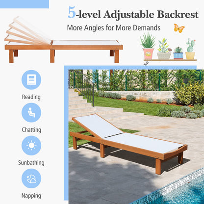 COSTWAY Set of 2 Patio Wood Chaise Lounge Chair, Strong Eucalyptus Wood Frame, 5-Position Adjustable Outdoor Recliner with White Mesh (White)