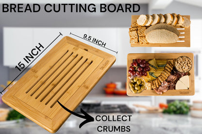 Bread Cutting Board, Bread slicer,Crumb Tray with holder,Bread Serving for Kitchen-Complete set for Slicing Homemade Bread- bow knife (16") Cutting Board (15x9,5") with Crumb