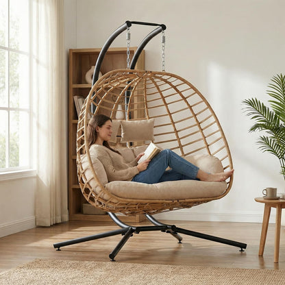 SWITTE Double Hanging Egg Chair with Stand, Outdoor Patio 2 Person Wicker Hammock Swing Chairs with Cushion Loveseat for Indoor Bedroom, Lawn, Garden-Beige