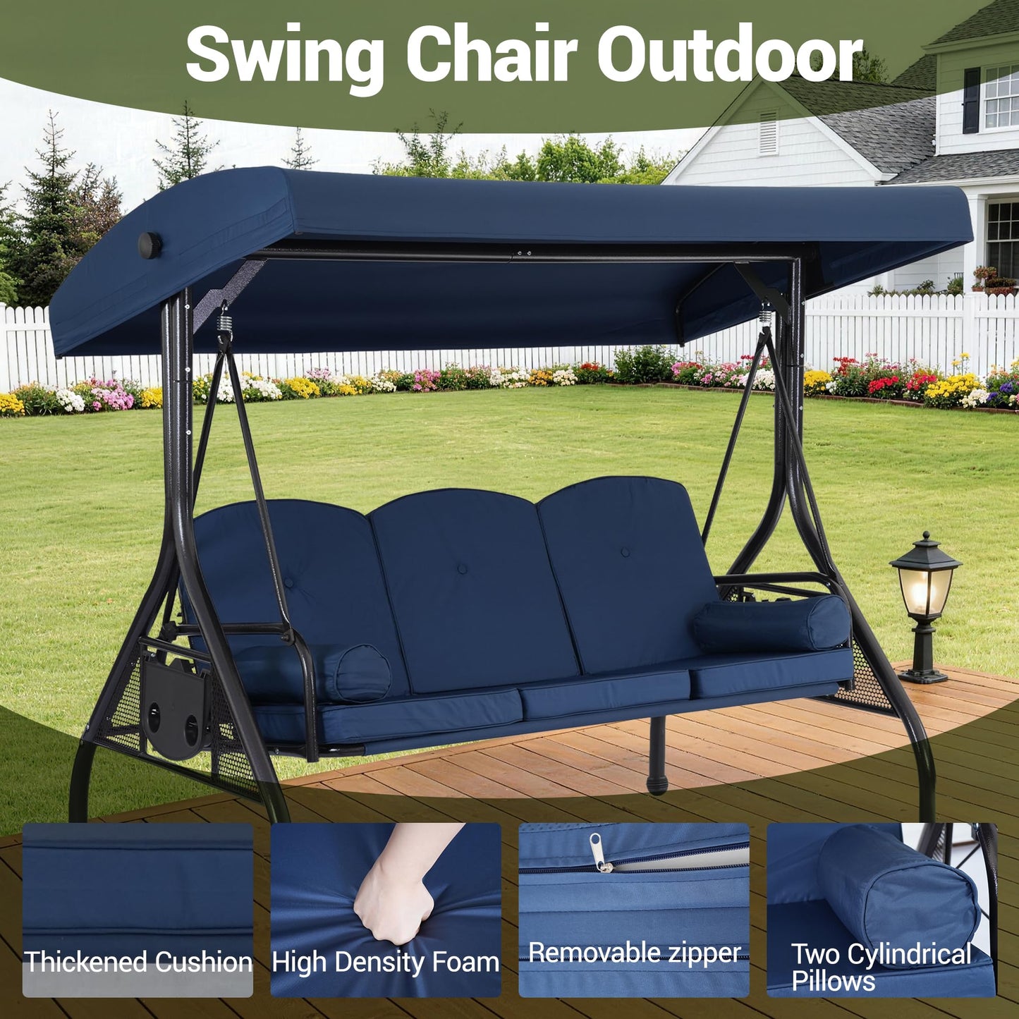 WINVO 2 in 1 Convertible Patio Swing Bed, 3-Seat Outdoor Porch Swing with Adjustable Canopy, Patio Glider Swing for Adult, with Cup Holder and Pillow for Backyard, Blue