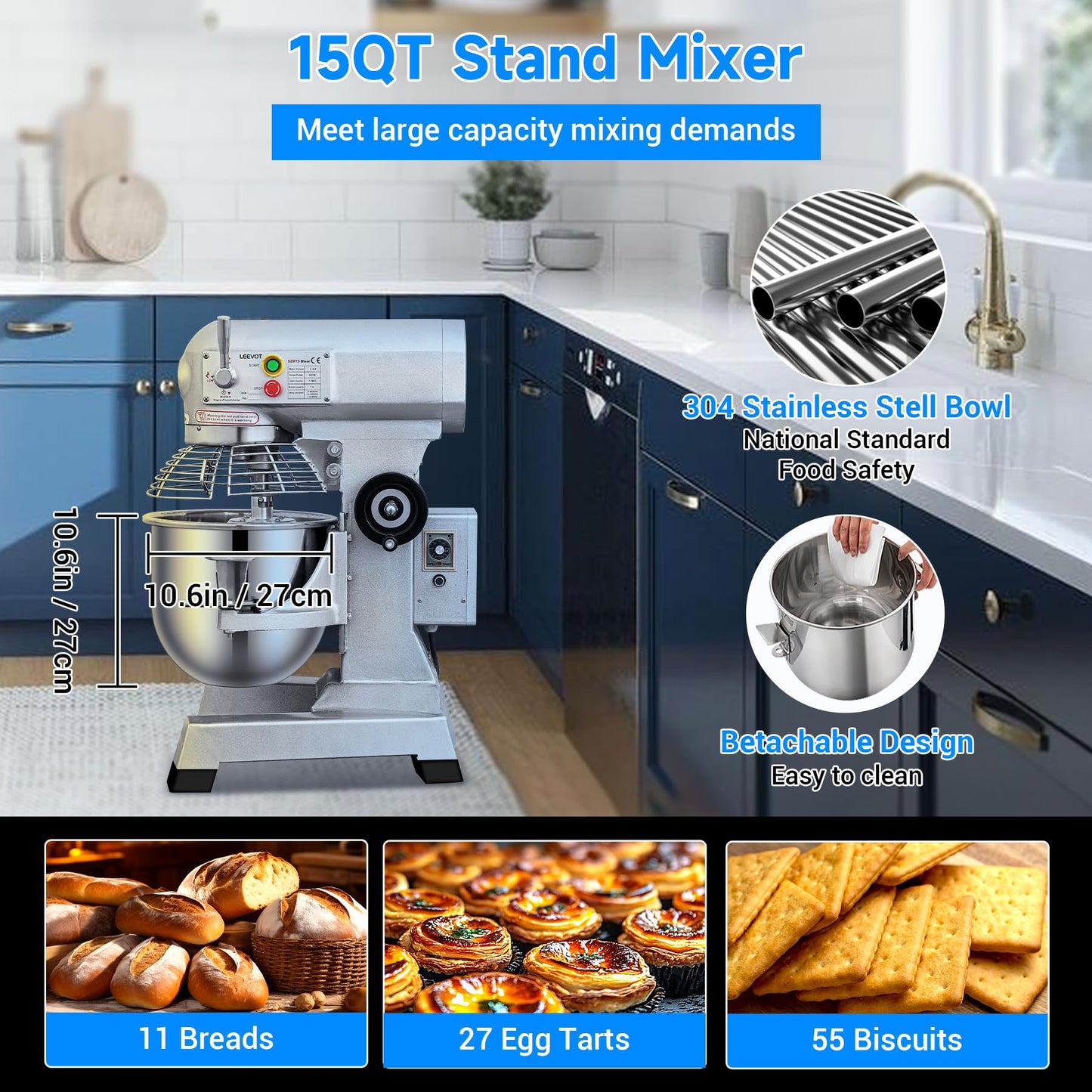 EKway 15Qt Commercial Food Mixer with Timing Function,600W Commercial stand mixer 3-Speed Adjustable,Electric Heavy Duty Dough Mixer with Stainless Steel Bowl for Bakery Pizzeria