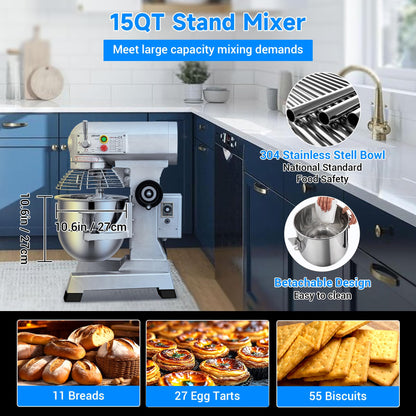 EKway 15Qt Commercial Food Mixer with Timing Function,600W Commercial stand mixer 3-Speed Adjustable,Electric Heavy Duty Dough Mixer with Stainless Steel Bowl for Bakery Pizzeria