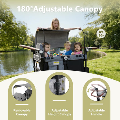 Kinder King Wagon Stroller for 4 Kids, All-Terrain Foldable Outdoor Stroller Wagon 4 Seater, Removable Canopy, Adjustable Handle, Detachable Tray, Black&Grey