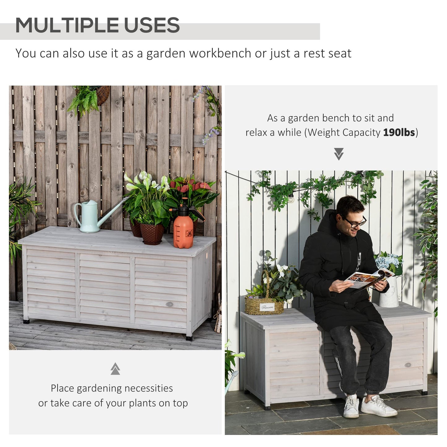 Havemies 75 Gallon Wooden Deck Box, Outdoor Storage Container with Aerating Gap & Weather-Fighting Finish, Grey