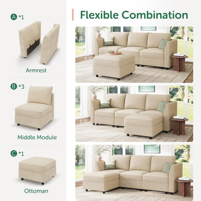 HONBAY Modular Sectional Sofa with Storage L Shaped Sectional Sofa, Convertible Couches for Living Room - Beige
