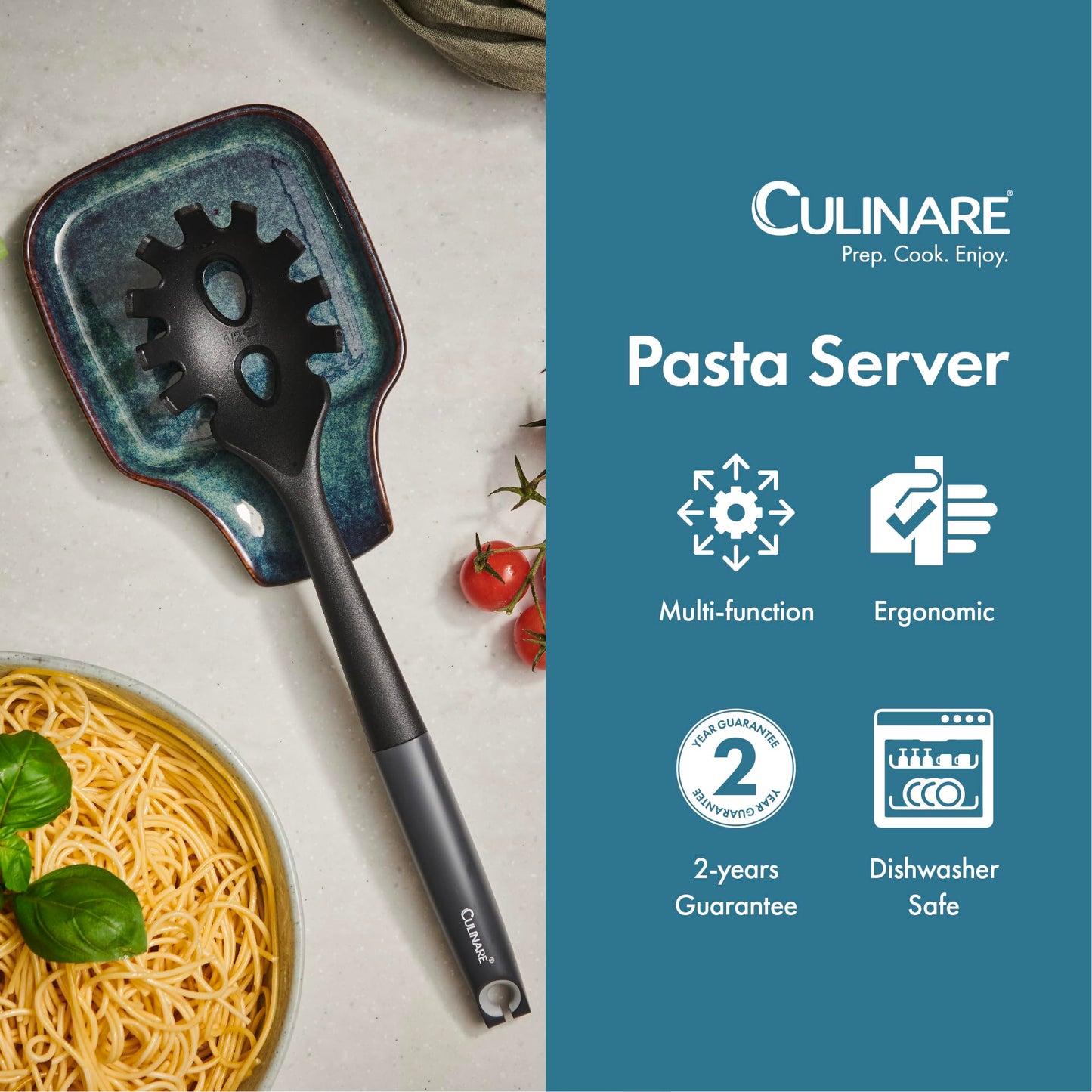 Culinare Spaghetti Spoon with Portion Measure, Heat Resistant Pasta Server Safe for Non Stick Cookware, Dishwasher Safe